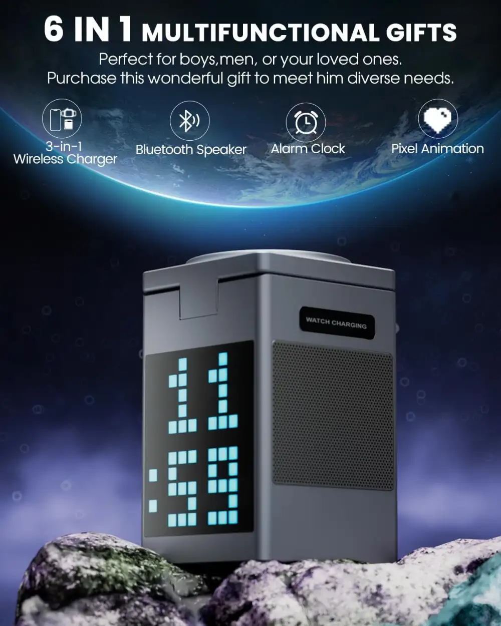Valdus Pixel Dock 5-in-1 Wireless Charger with Speaker and Clock