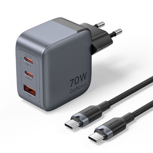 Vention FEXH0-EU GaN USB-C+C+A 70W Charger + USB-C-C Cable 1m (Gray)