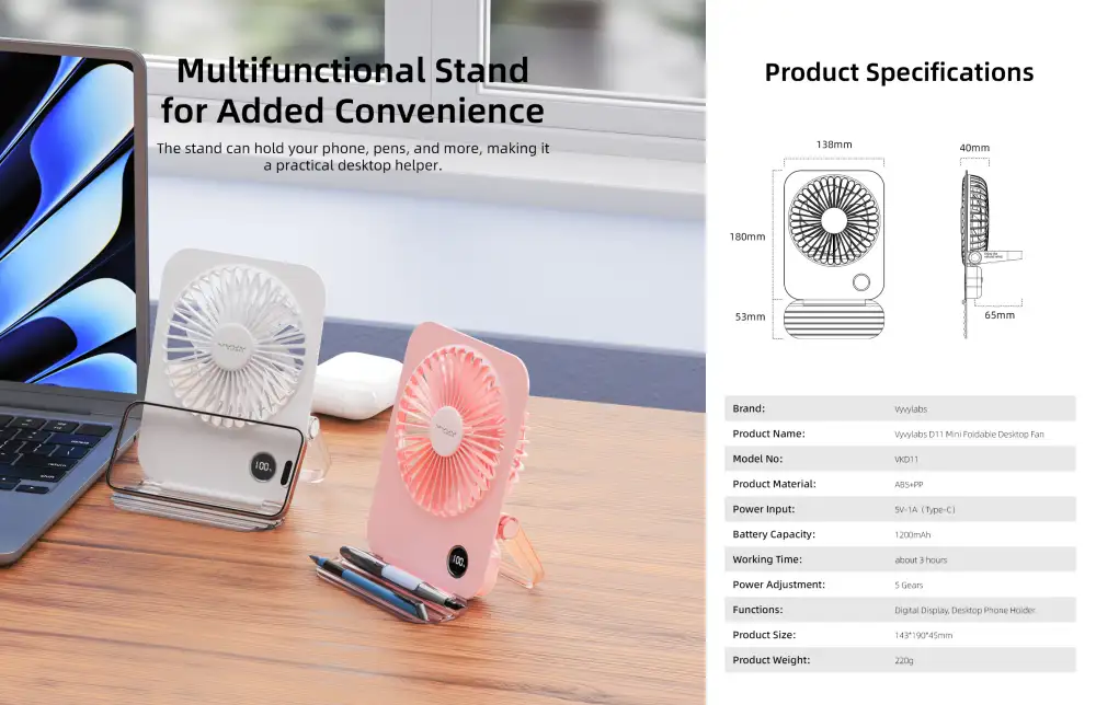 Vyvylabs D11 Mini Foldable Desktop Fan
