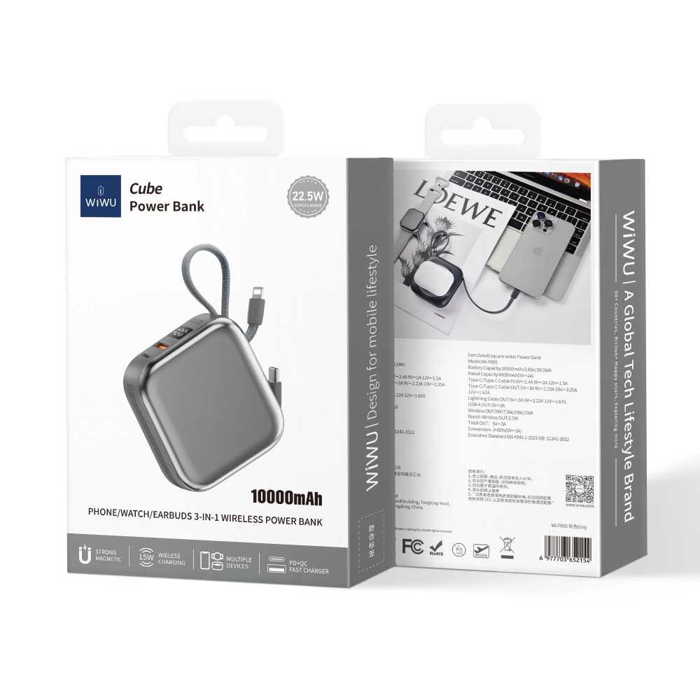 WIWU WI-P055 10000mAh 3 in 1 Portable Wireless Charging Power Bank