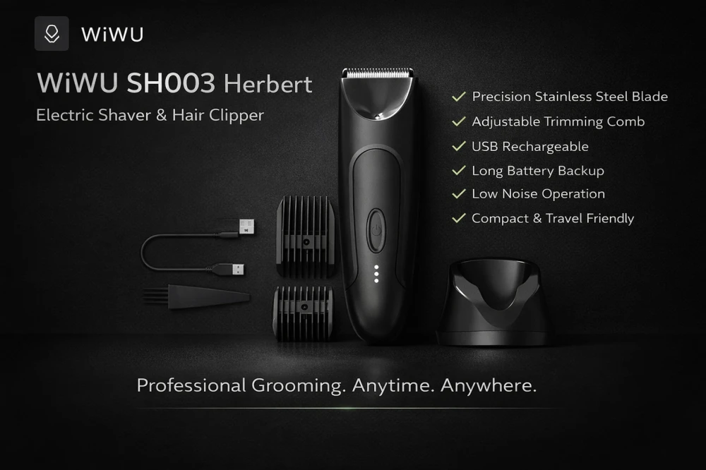 WiWU SH003 Herbert Electric Shaver Hair Clipper with USB charging cable and adjustable comb attachments