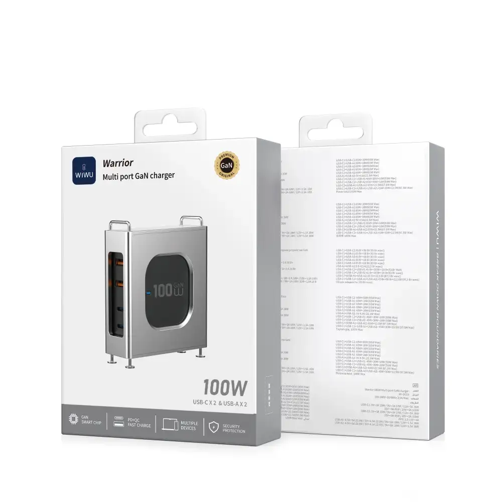 A premium studio shot of the WiWU Wi-G013 100W Warrior GaN Charger,