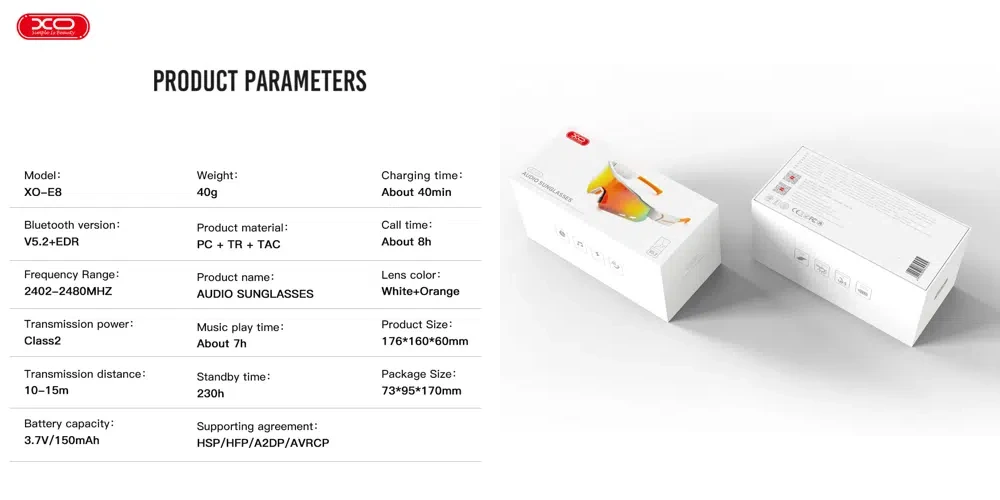 XO E8 Bluetooth Audio Sunglasses
