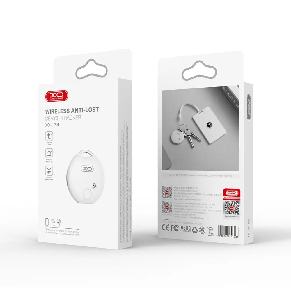 XO LP01 wireless anti lost Bluetooth tracker box packaging front and back view with product design