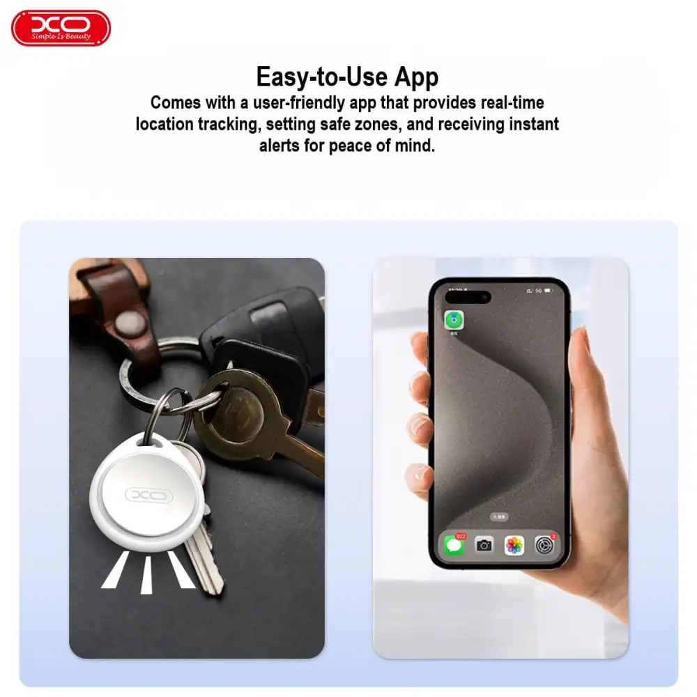 XO LP01 smart Bluetooth tracker with mobile app showing real time tracking and anti lost key finder device
