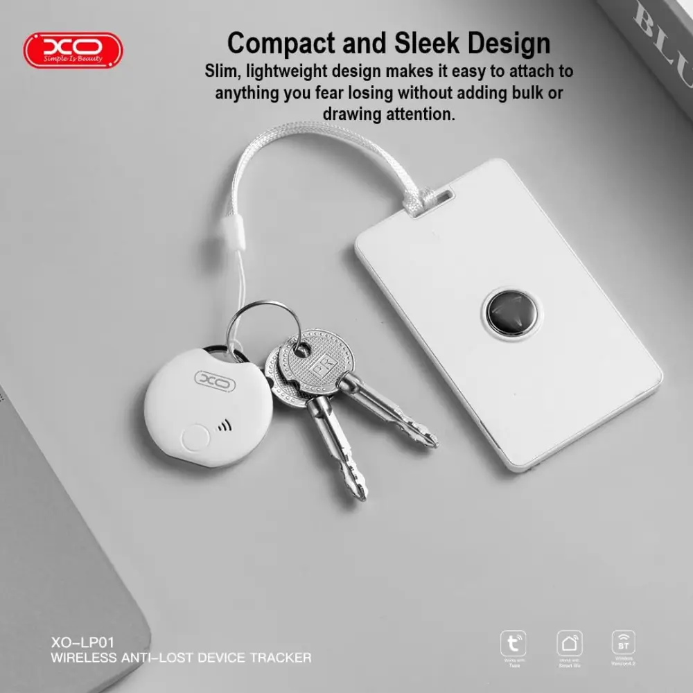 XO LP01 smart Bluetooth tracker attached to keys showing compact anti-lost device for wallet bag and key tracking