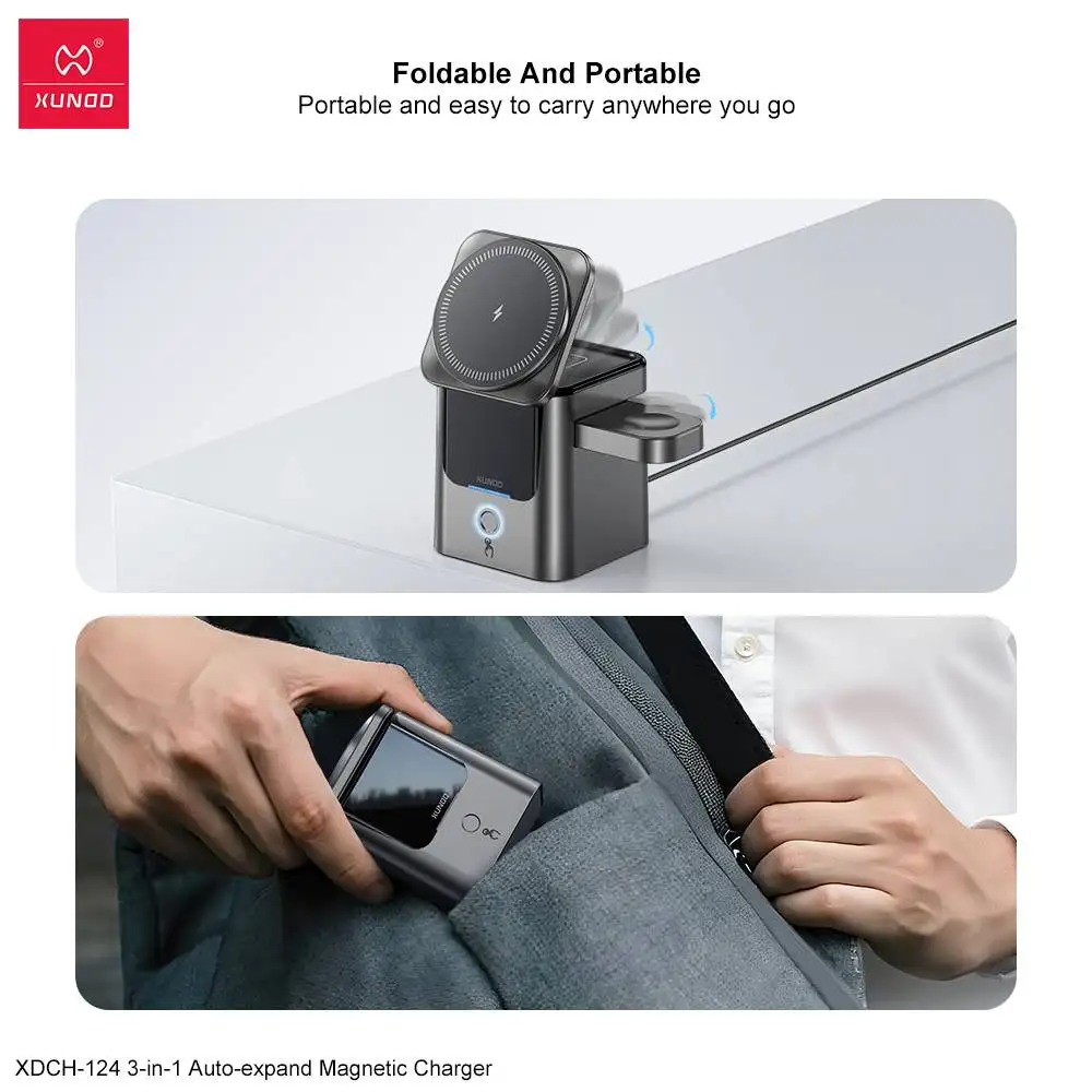 A flat-lay presentation featuring the charger with all devices neatly placed and the cable,