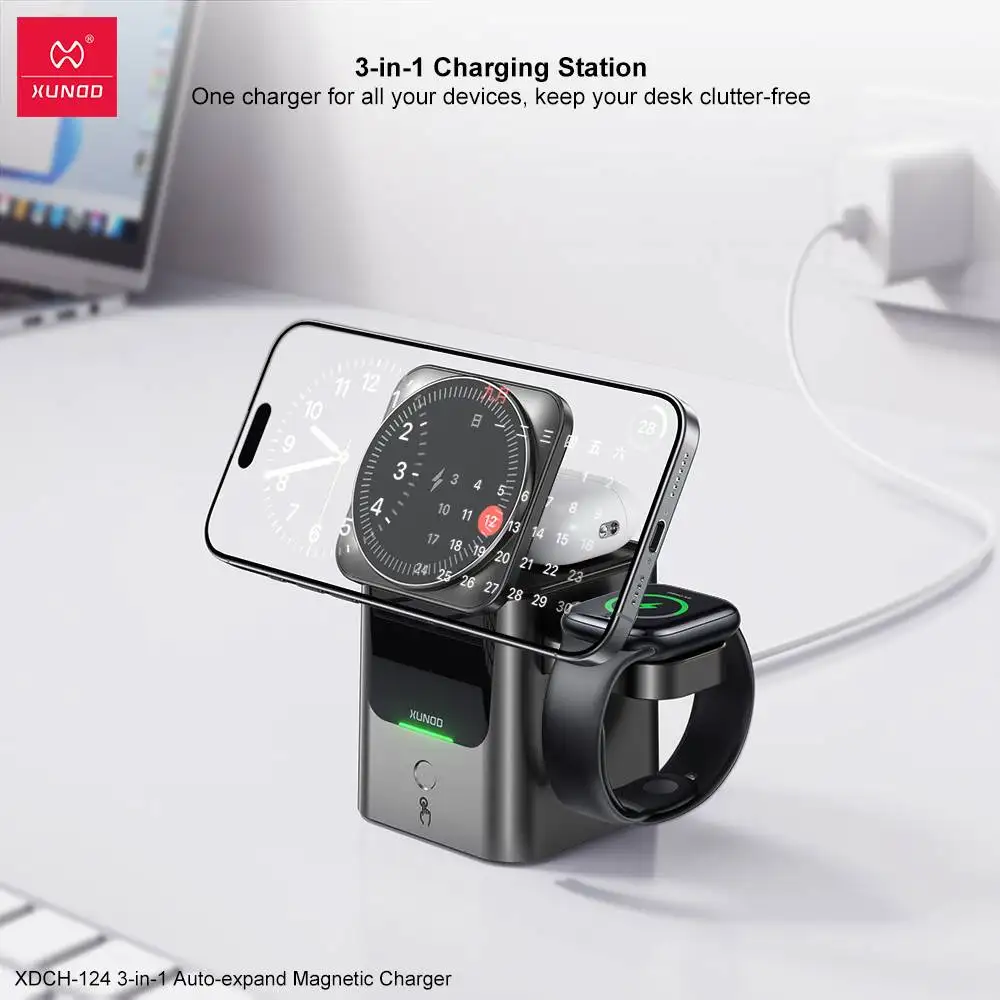 A sleek studio close-up of the XUNDD XDCH-124 3-in-1 magnetic wireless charger