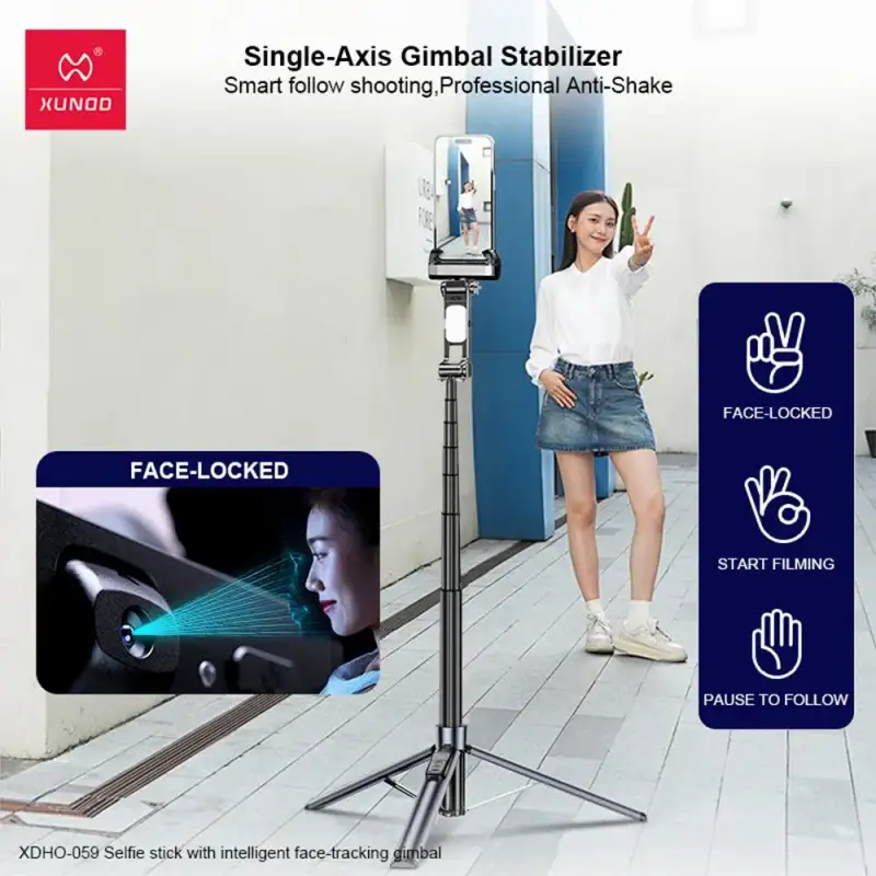 A lifestyle image showing the gimbal in use outdoors with a smartphone attached,
