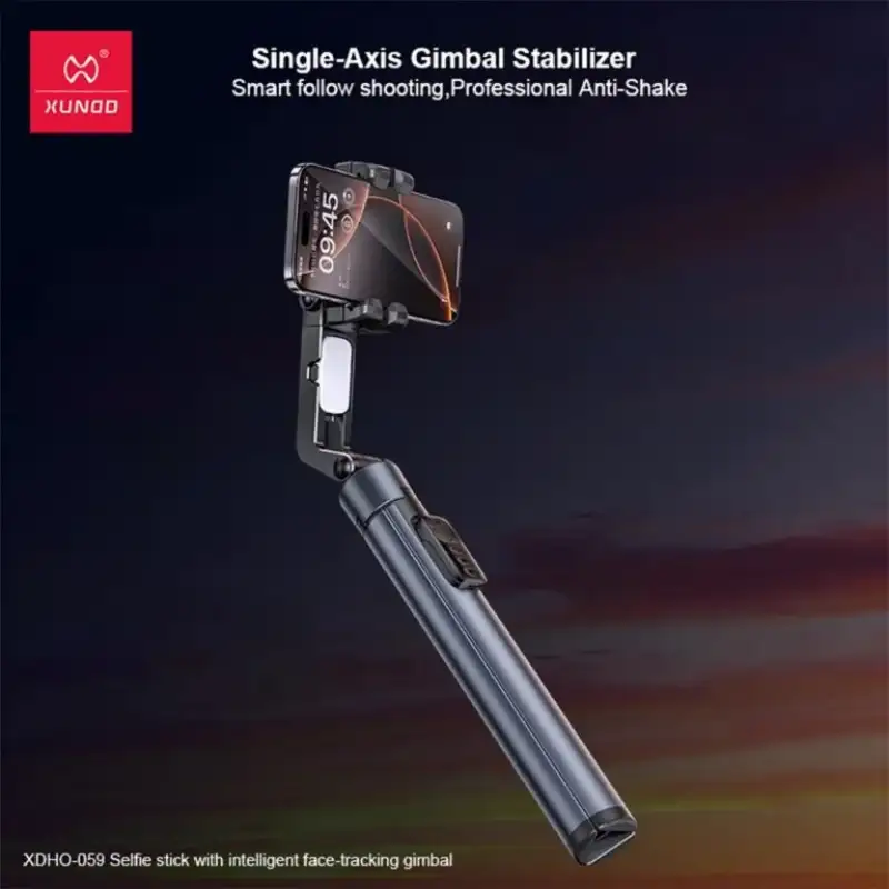 A clean studio shot of the XUNDD XDHO-059 smart face-tracking gimbal stabilizer selfie stick,