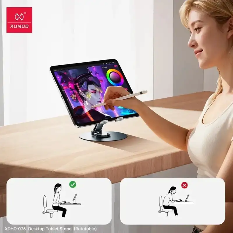 A workspace setup image showing the stand holding a tablet at eye level,