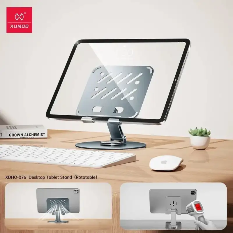 A sleek studio shot of the XUNDD XDHO-076 foldable rotating tablet stand,