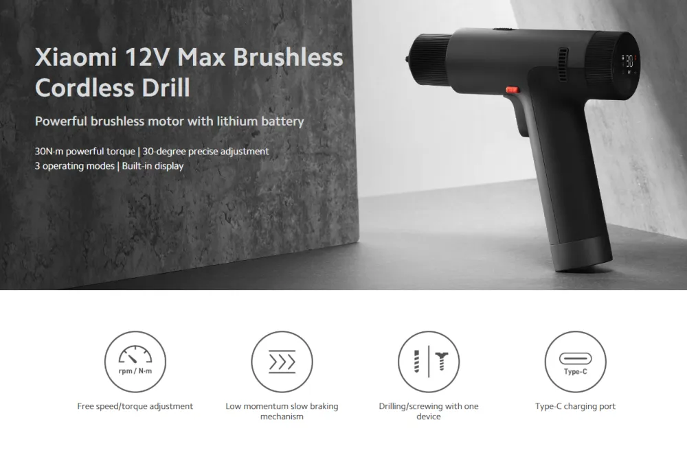 Xiaomi 12V Max Brushless Cordless Drill – Powerful Electric Screwdriver for Wood, Metal, and Plastic with Smart Display