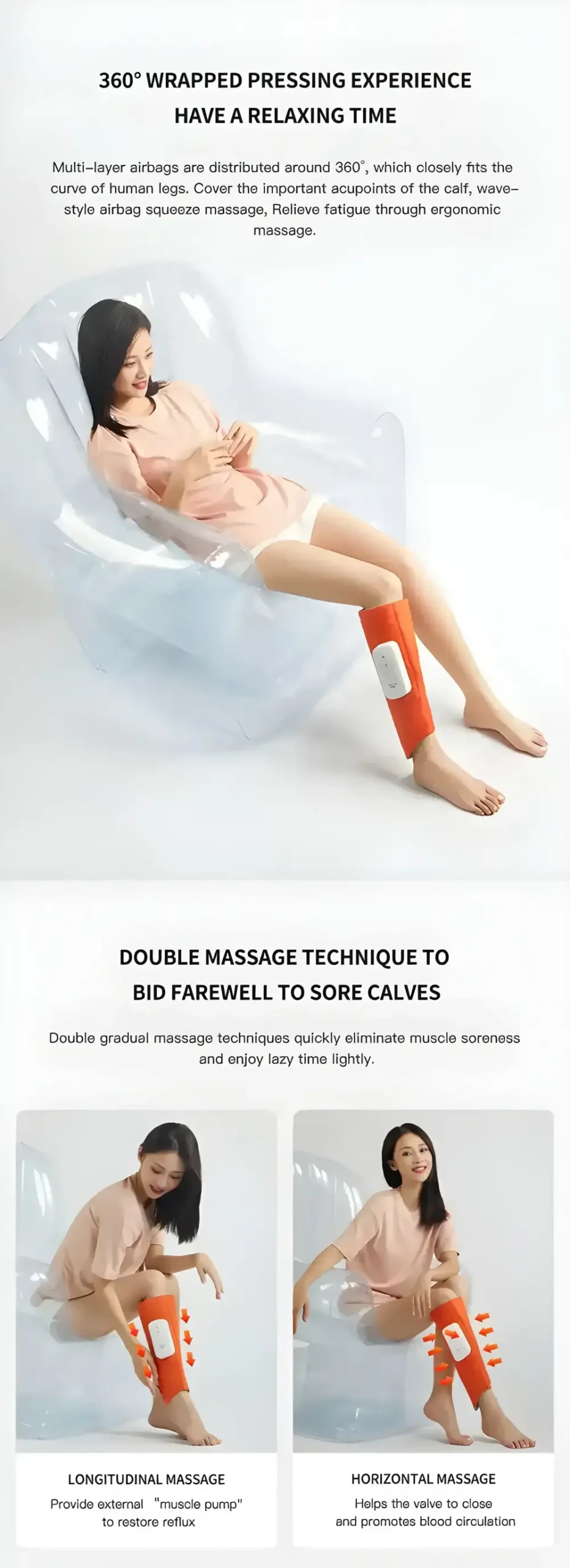 A lifestyle image showing the leg massager in use on a relaxed sofa,