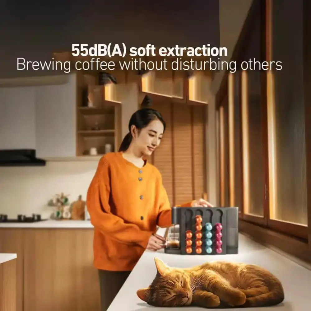 A lifestyle image of the coffee machine on a countertop brewing a fresh cup