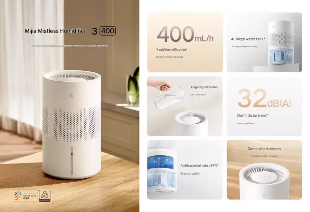 Xiaomi Mijia Fogless Air Humidifier 3 with a 4-liter capacity and a smart LED display