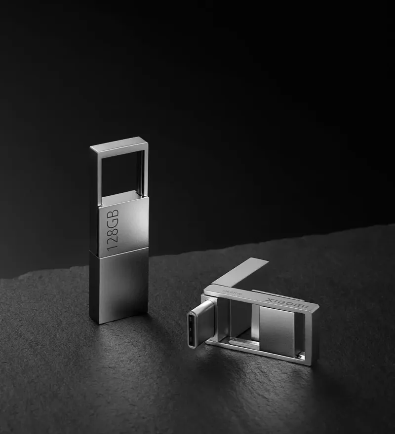 Xiaomi Mini Dual Interface USB 3.2 Type-C Pen Drive plugged into laptop USB-C port