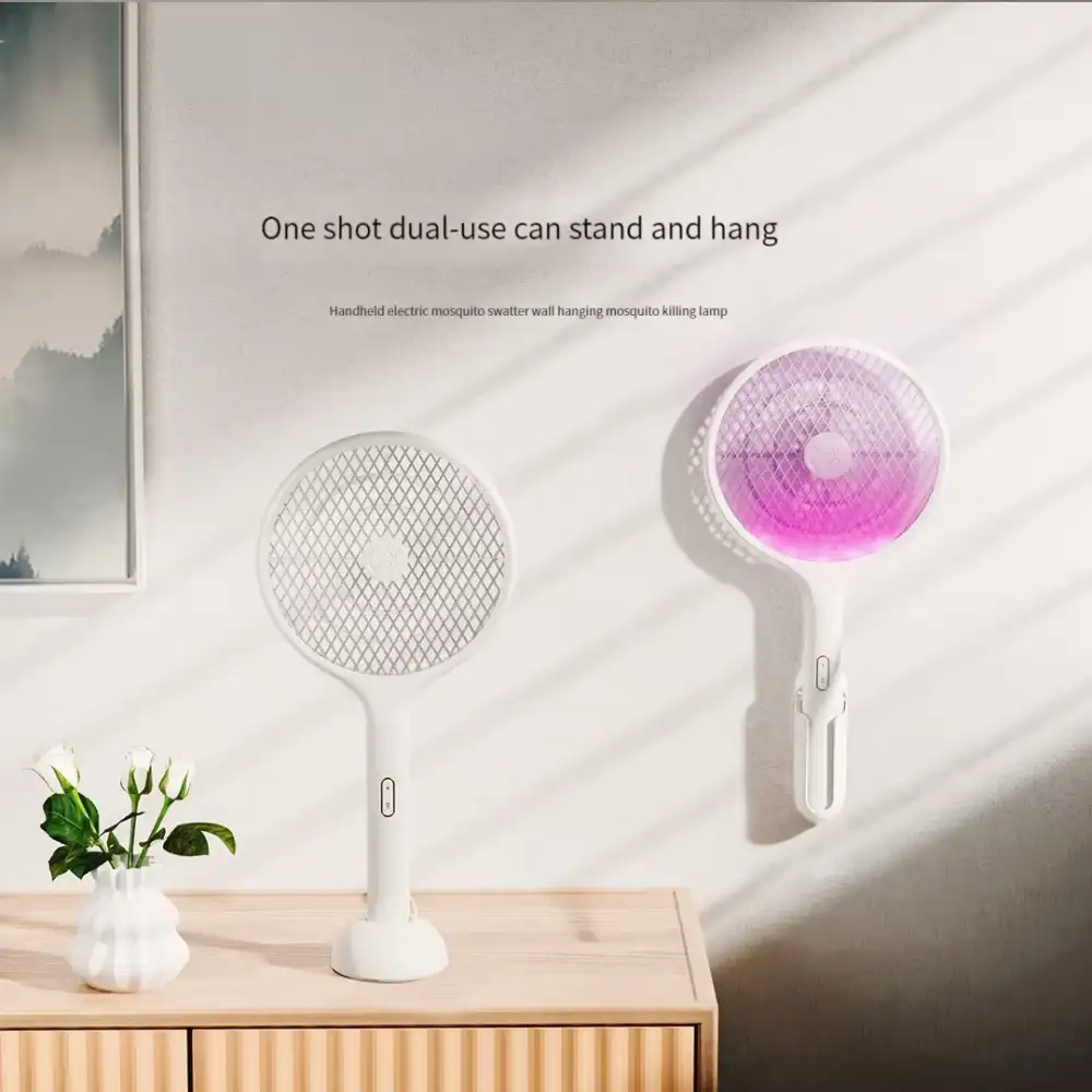 Close-up of the Xiaomi Qualitell E2 in its base, highlighting the built-in UV light that attracts mosquitoes for automatic zapping