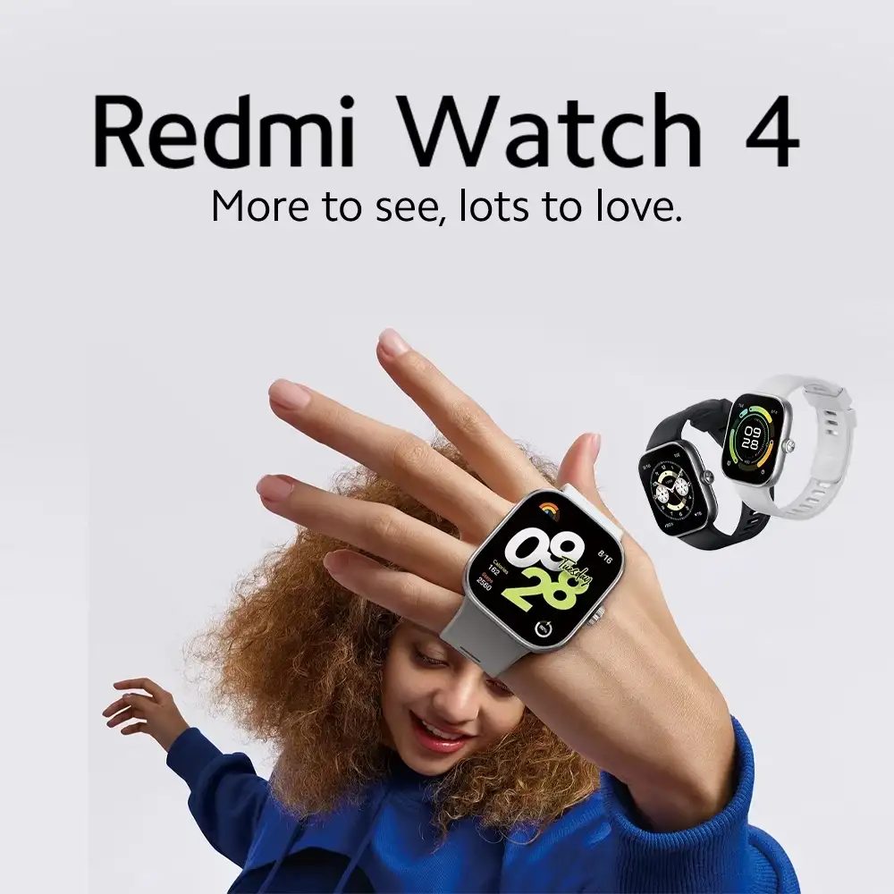 A front view of the Xiaomi Redmi Watch 4's 1.97" AMOLED display, showcasing its vibrant screen and premium aluminum alloy frame for the Bangladeshi market
