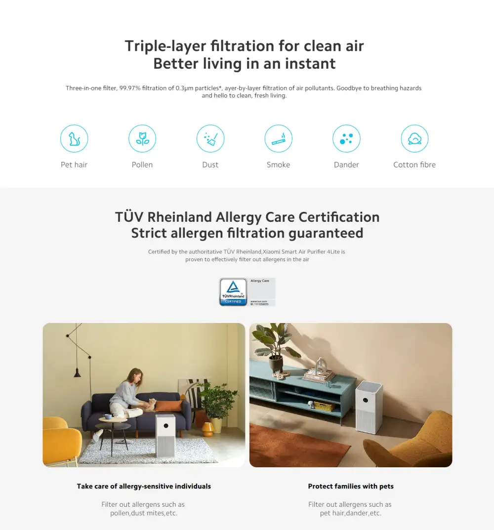 Xiaomi Air Purifier 4 Lite showing the smart touch display and sleek, minimalist design