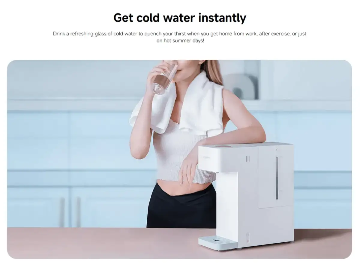A clean kitchen countertop shot of the Xiaomi Smart Water Dispenser,