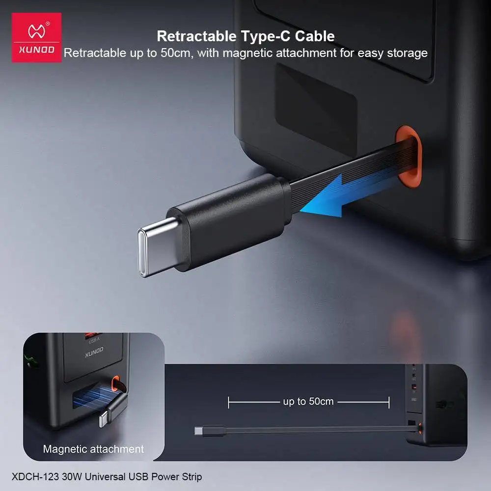 A desktop setup image showing the power strip powering a smartphone