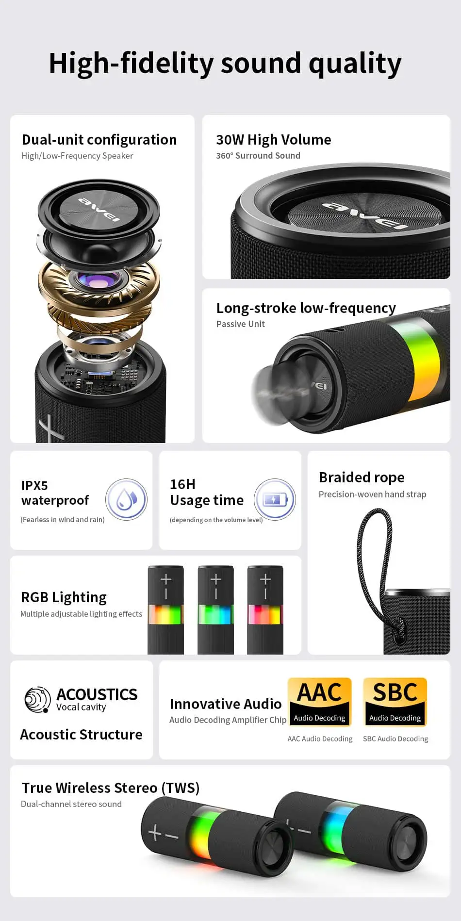 Portable 30W Bluetooth speaker with colorful RGB lighting