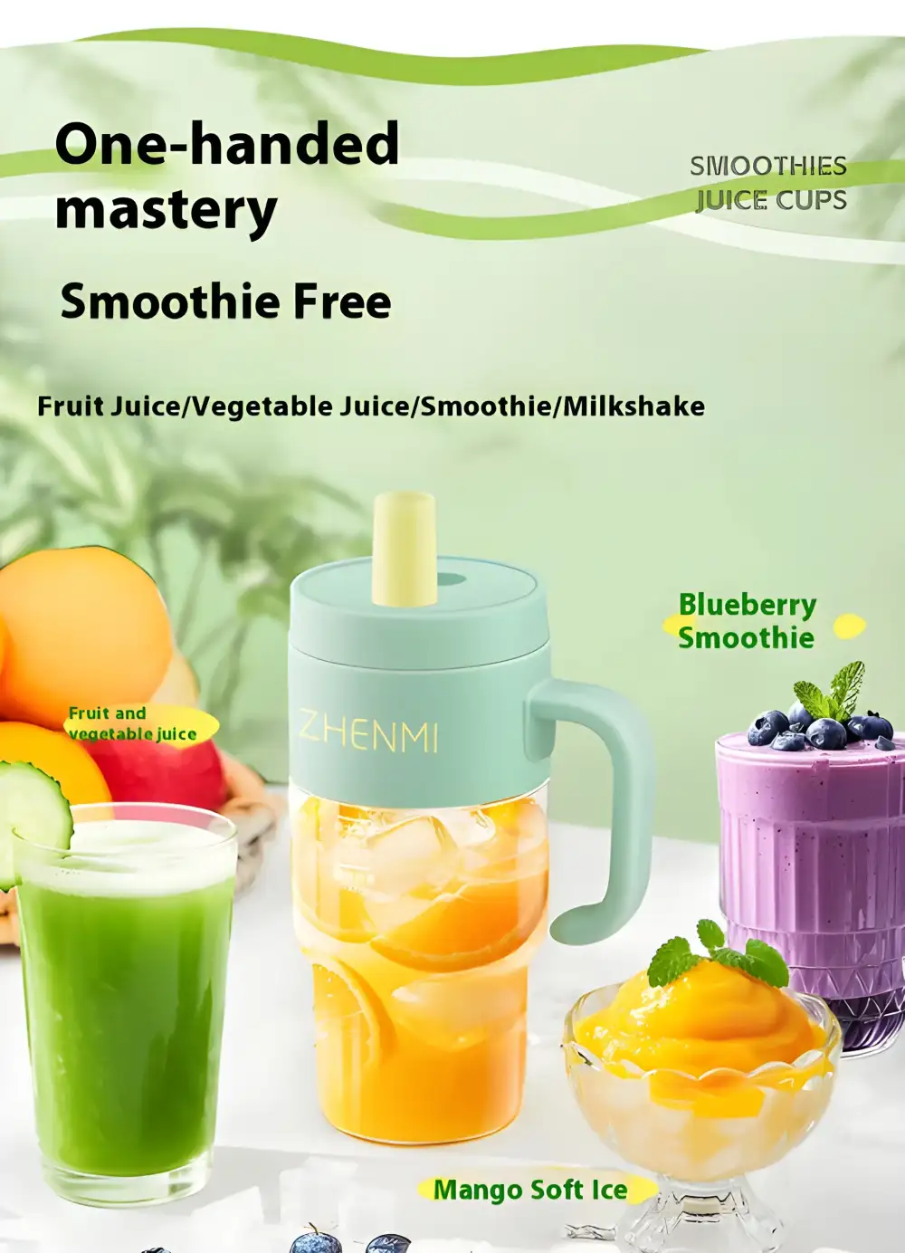 A lifestyle image showing the blender in use preparing a fresh fruit smoothie,
