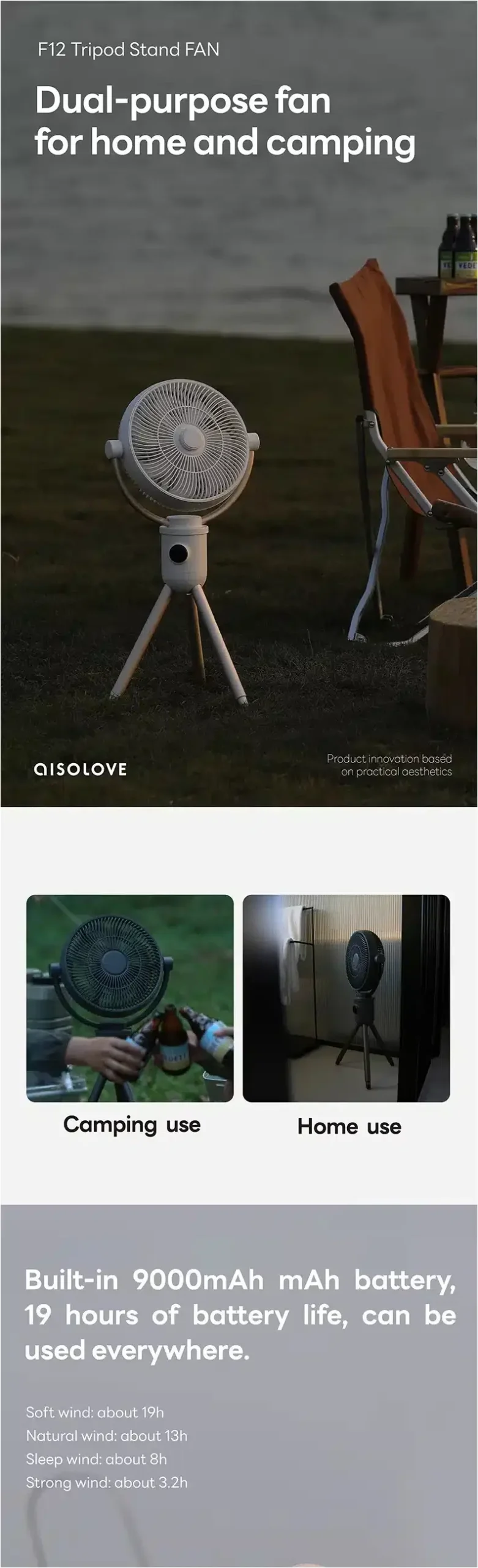 Aisolove F12 tripod stand fan design