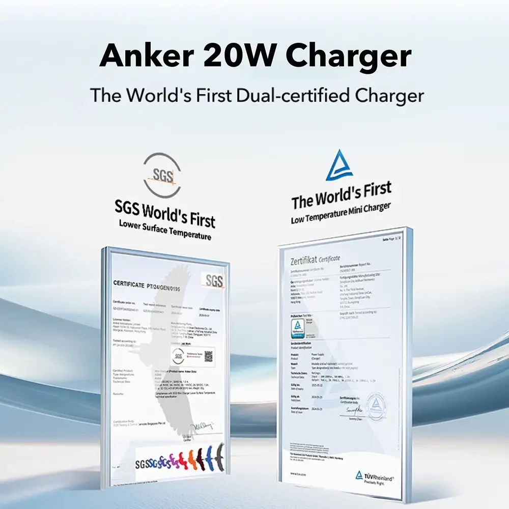 Anker Zolo 20W USB-C Charger B2699 dual certified low temperature fast charger with SGS certification