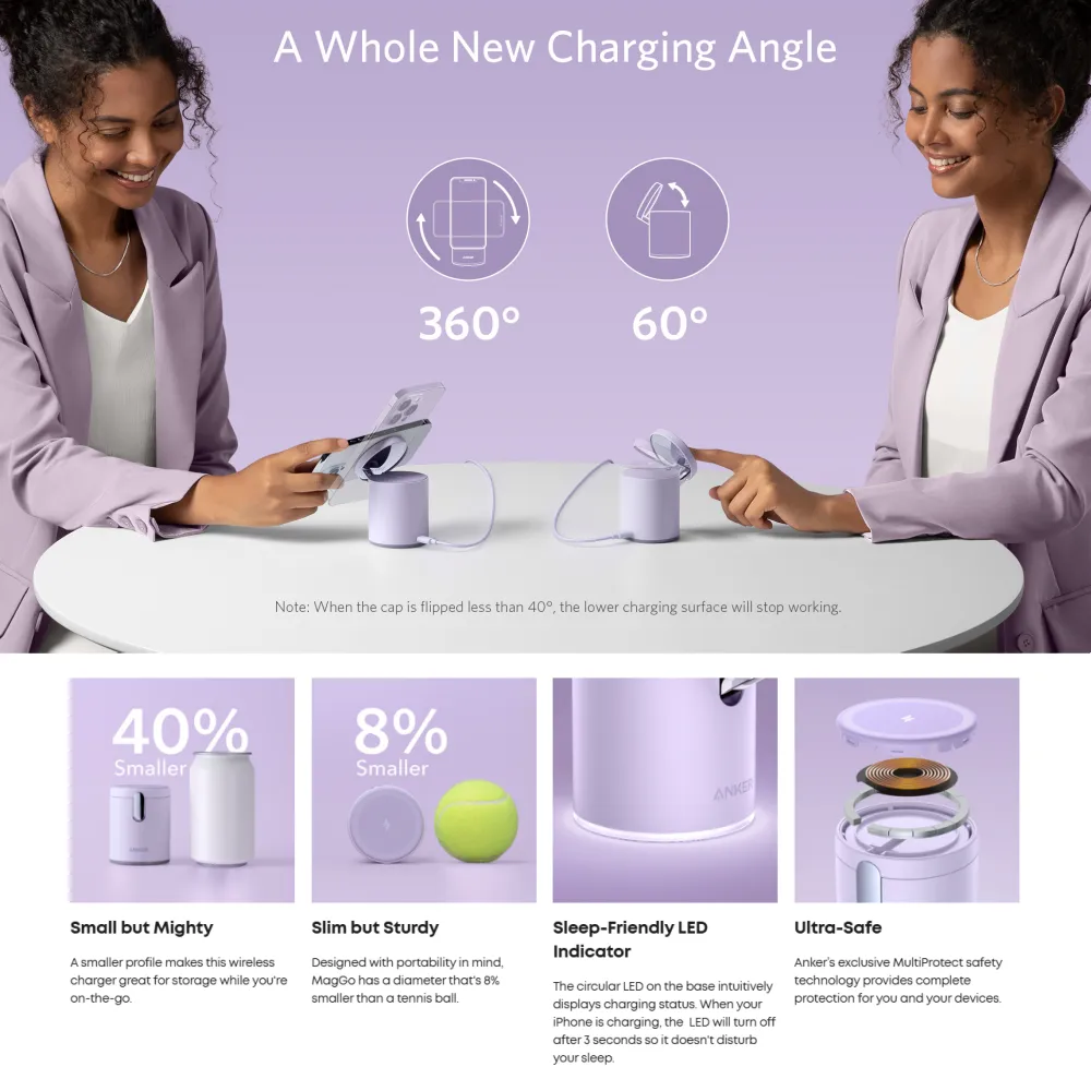Anker 623 MagGo magnetic wireless charger with 360 degree adjustable angle, compact design and sleep-friendly LED indicator