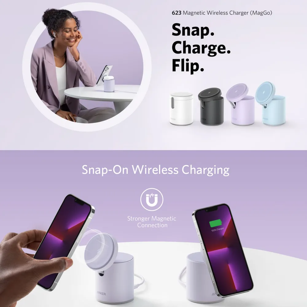 Anker 623 Magnetic Wireless Charger MagGo 2-in-1 foldable snap-on charging stand for iPhone with strong magnetic connection