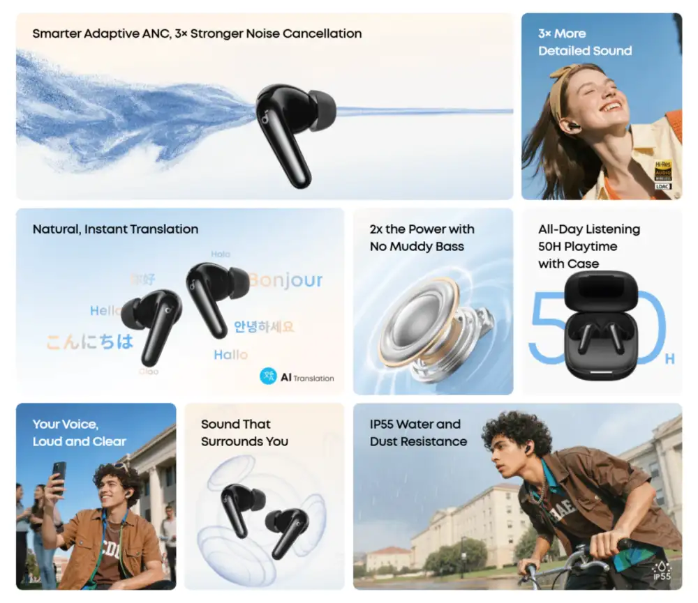 Anker Soundcore R60i NC wireless earbuds feature infographic highlighting Adaptive ANC, LDAC audio, AI translation, and 50-hour playtime