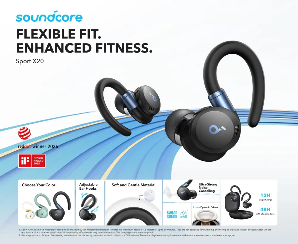 Anker Soundcore Sport X20 ANC Earbuds with Adjustable Ear Hooks, IP68 Protection and 48-Hour Battery