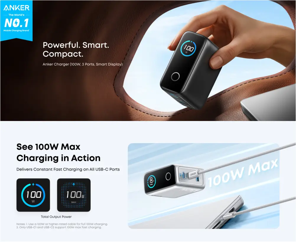 Anker B121B 100W GaN fast charger compact wall charger design