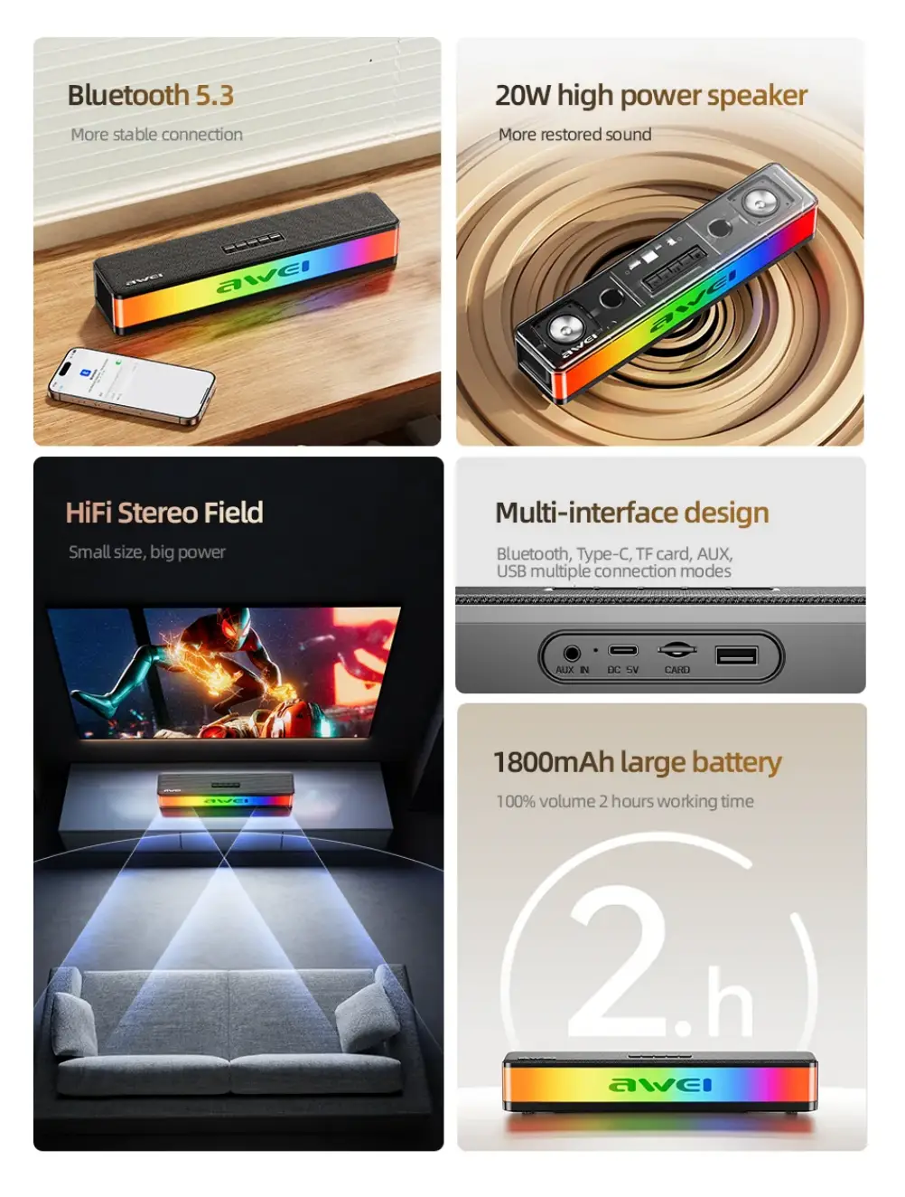Awei KA23 portable RGB speaker powerful sound performance