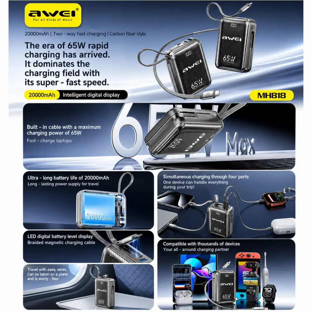 Awei MH818 65W fast charging power bank compact design