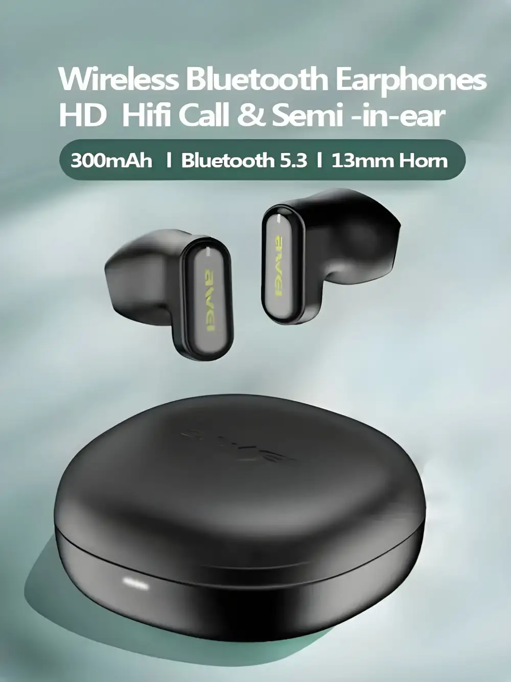 Awei T76 TWS wireless earbuds front view with charging case
