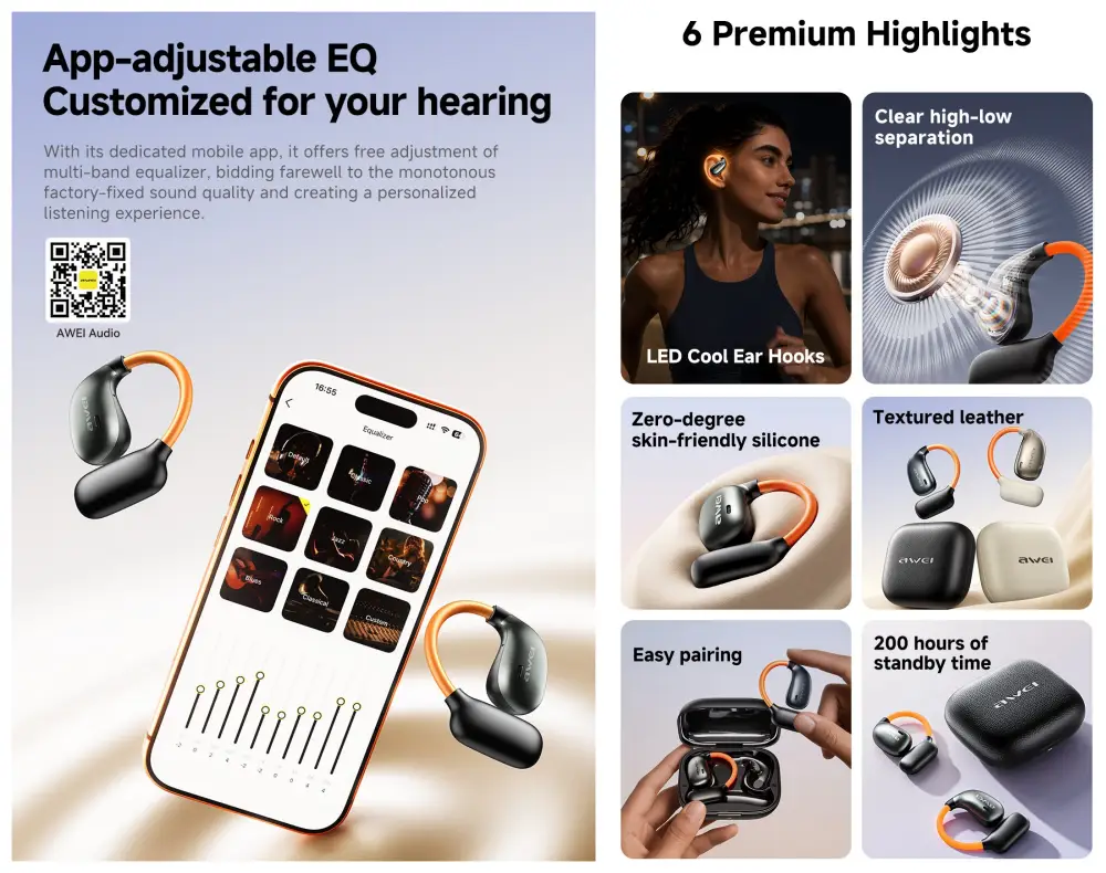 Awei T82 Pro OWS open-ear wireless earbuds with Awei Smart App EQ control, LED battery display and IPX5 water resistance