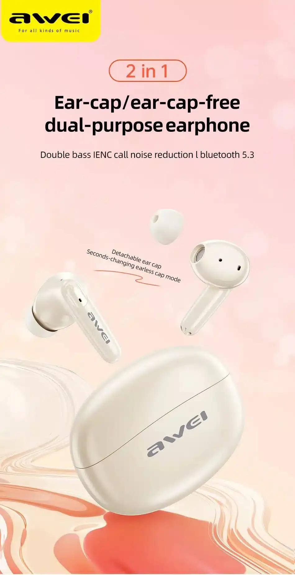 Awei T90 ENC semi in ear bluetooth earbuds ergonomic design