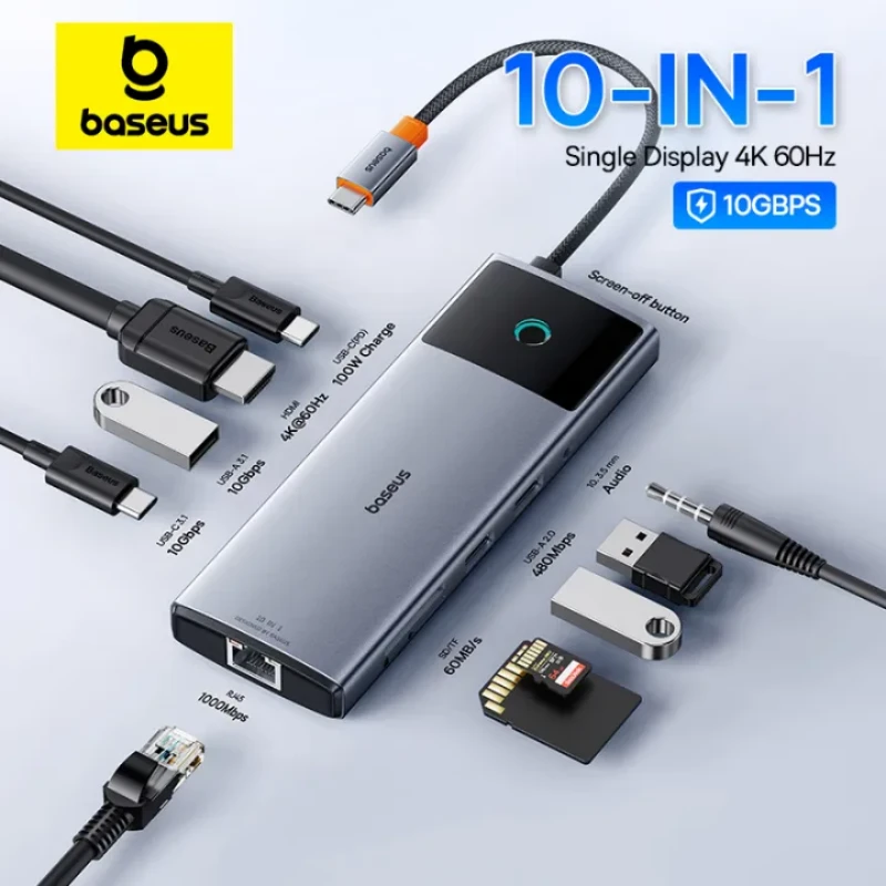 Baseus Metal Gleam Series II 10-in-1 USB-C Hub with 4K 60Hz HDMI, 10Gbps USB 3.2 and 100W PD charging