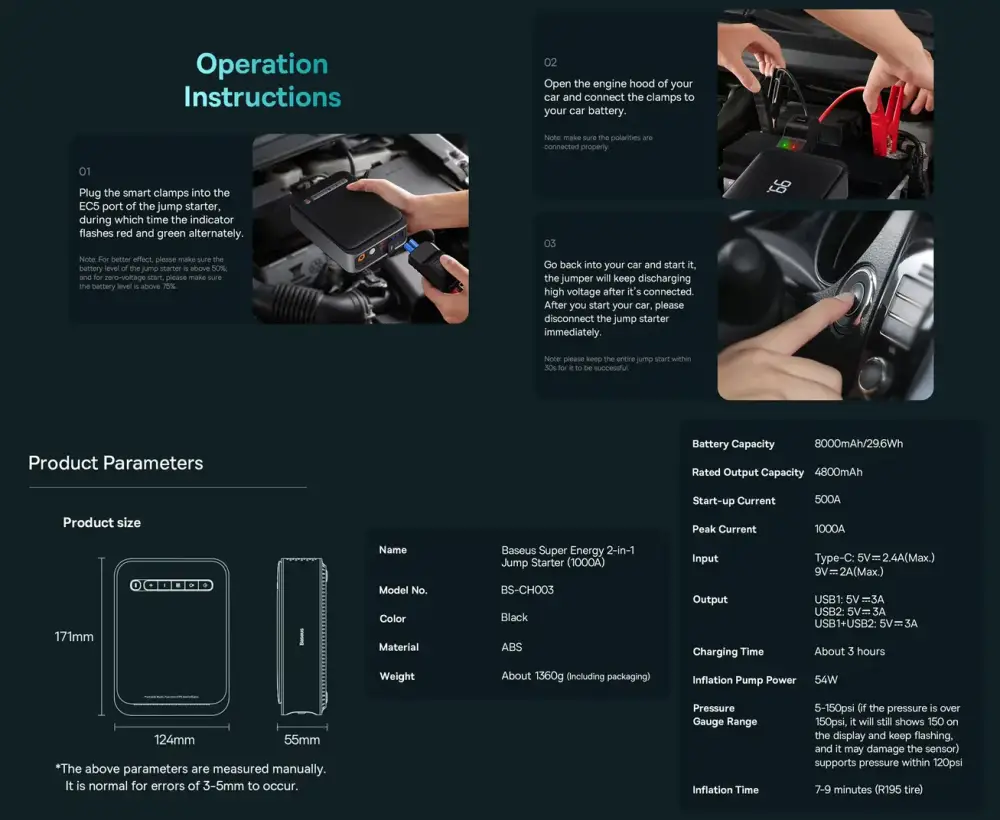 Baseus Super Energy 1000A Jump Starter Operation Instructions and Product Specifications