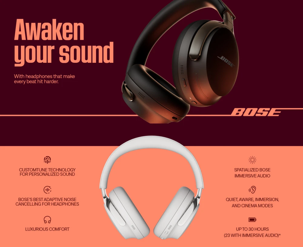 Bose QuietComfort Ultra 2nd Gen Bluetooth Headphones in Black and White – Awaken Your Sound Promotional Banner