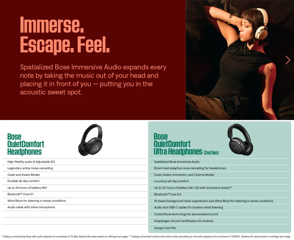 Bose QuietComfort and QuietComfort Ultra 2nd Gen Headphones feature comparison banner