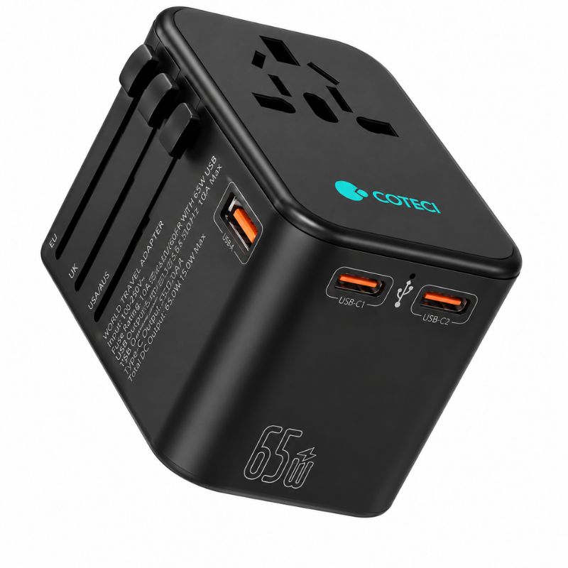 COTECI 88005 65W GaN Universal Travel Charger Adapter with Dual USB-C + USB-A