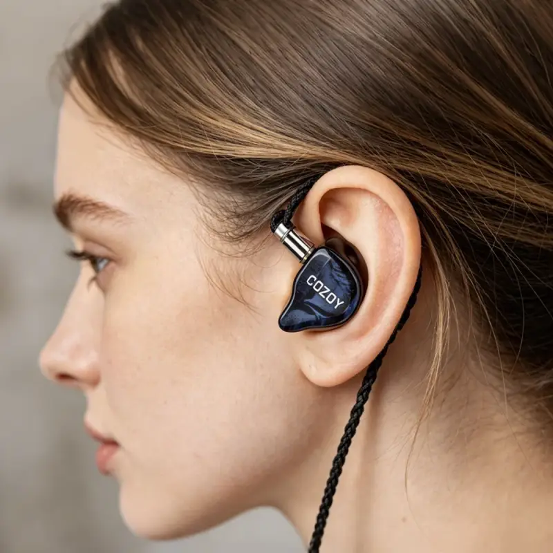 COZOY D2 IEM worn in ear showing ergonomic fit and cable design