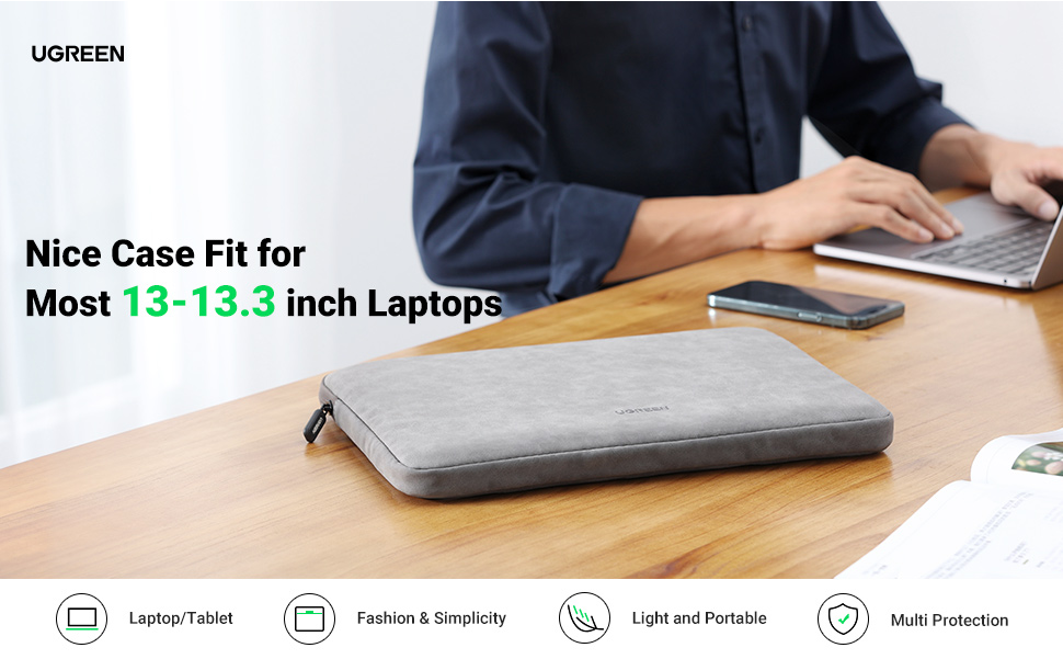 UGREEN 13.3 Inch Laptop Case PU Suede Leather Soft Padded Zipper Cover Sleeve Case - 60985