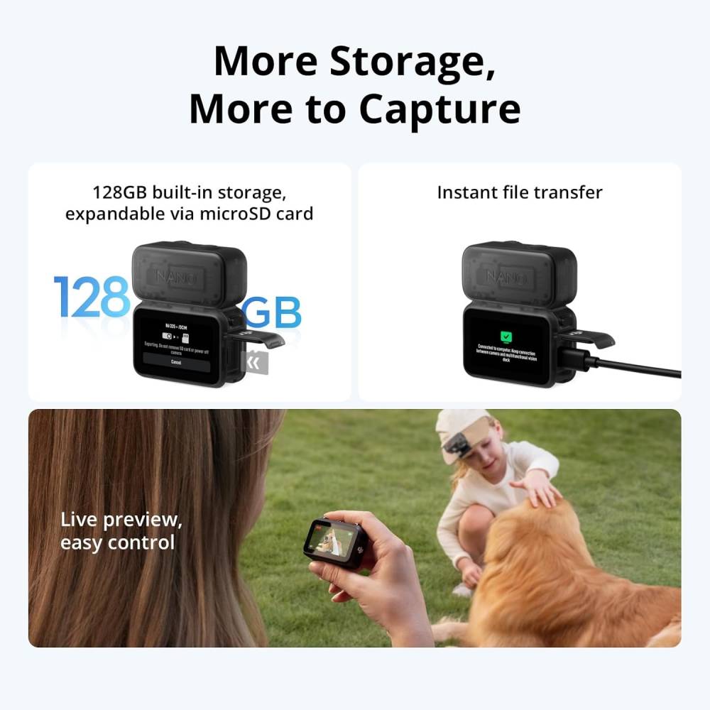 DJI Osmo Nano 4K action camera showing 128GB storage, instant file transfer, and live preview control features