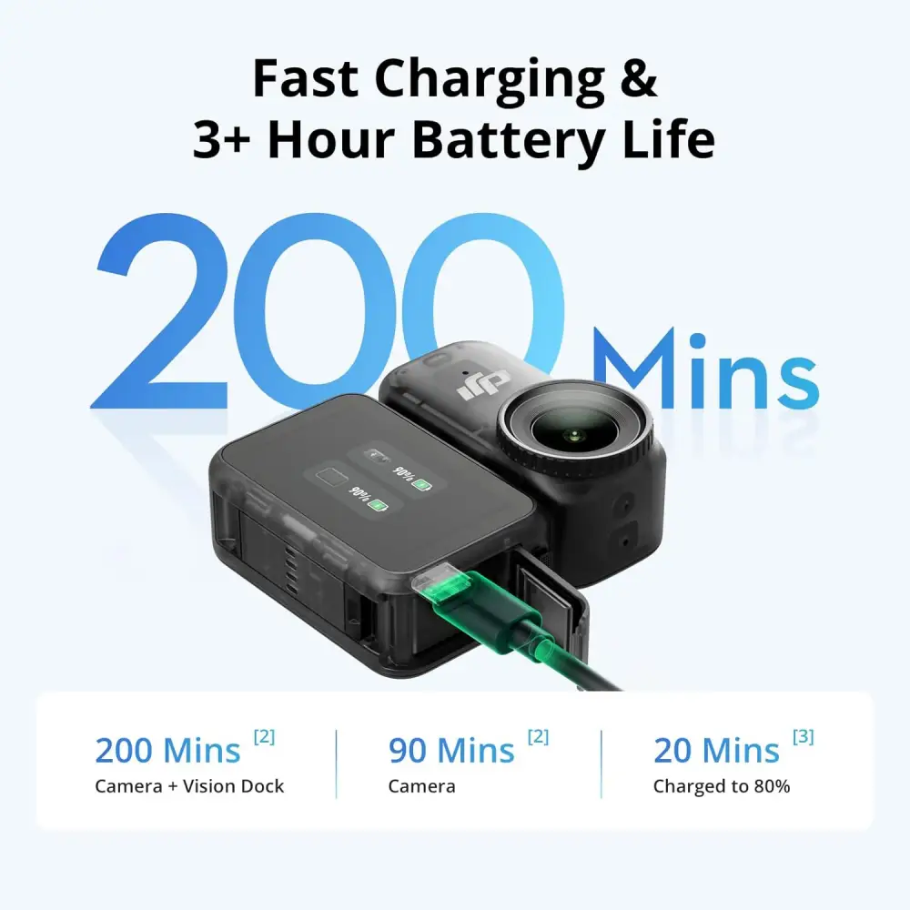 DJI Osmo Nano 4K action camera fast charging with up to 200 minutes battery life and USB-C charging