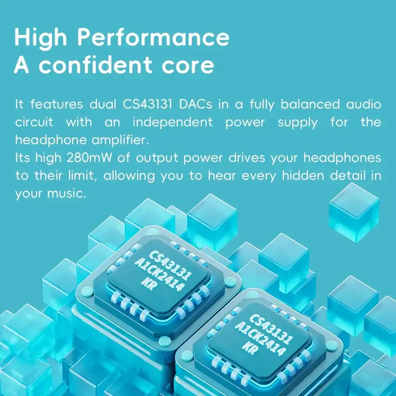 FiiO SNOWSKY DISC Portable HiFi Music Player with dual CS43131 DACs, fully balanced audio circuit, and 280mW high-power headphone amplifier for high-resolution audio.